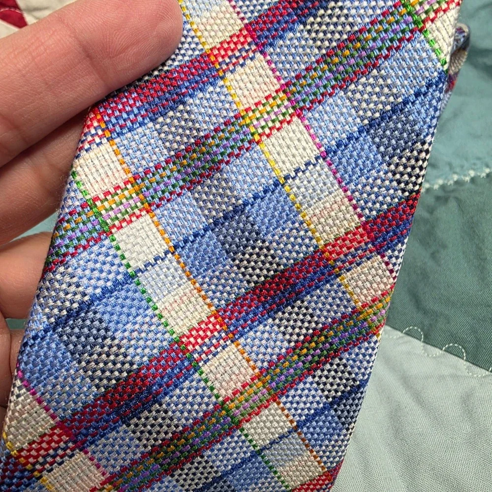 Tommy Hilfiger Mens Blue Red White Diagonal Plaid Silk Necktie Blue Red